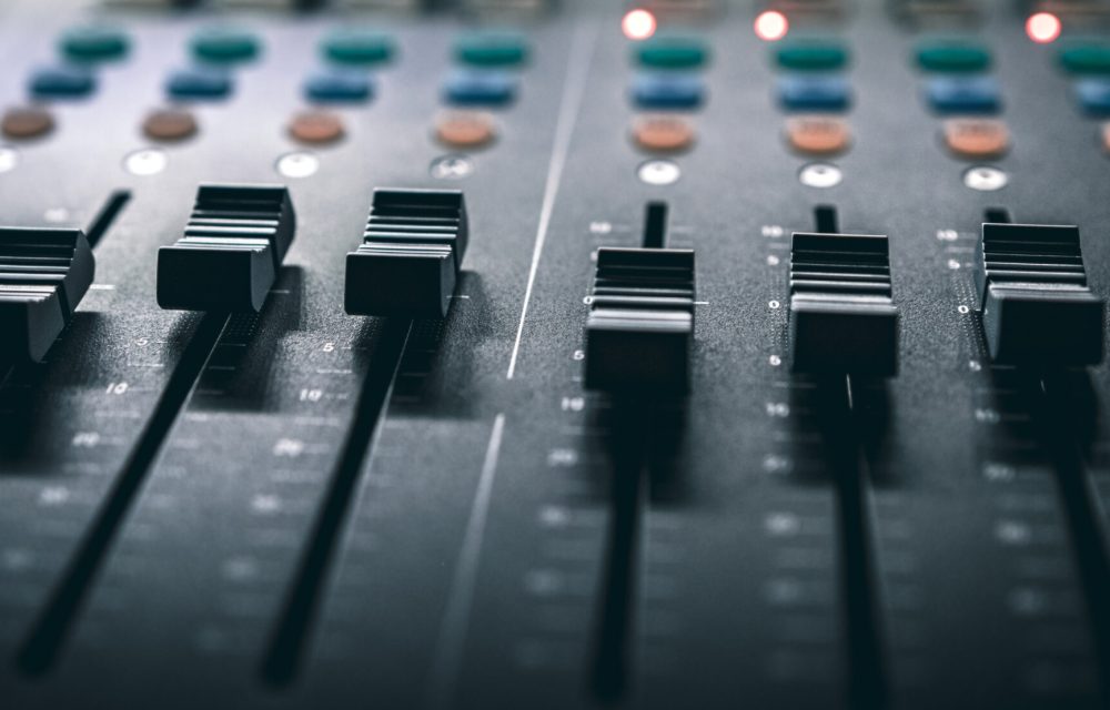 Sound control music mixer in record studio. Close up mixer and equalizer volume on the mixer amplifier. Digital audio system